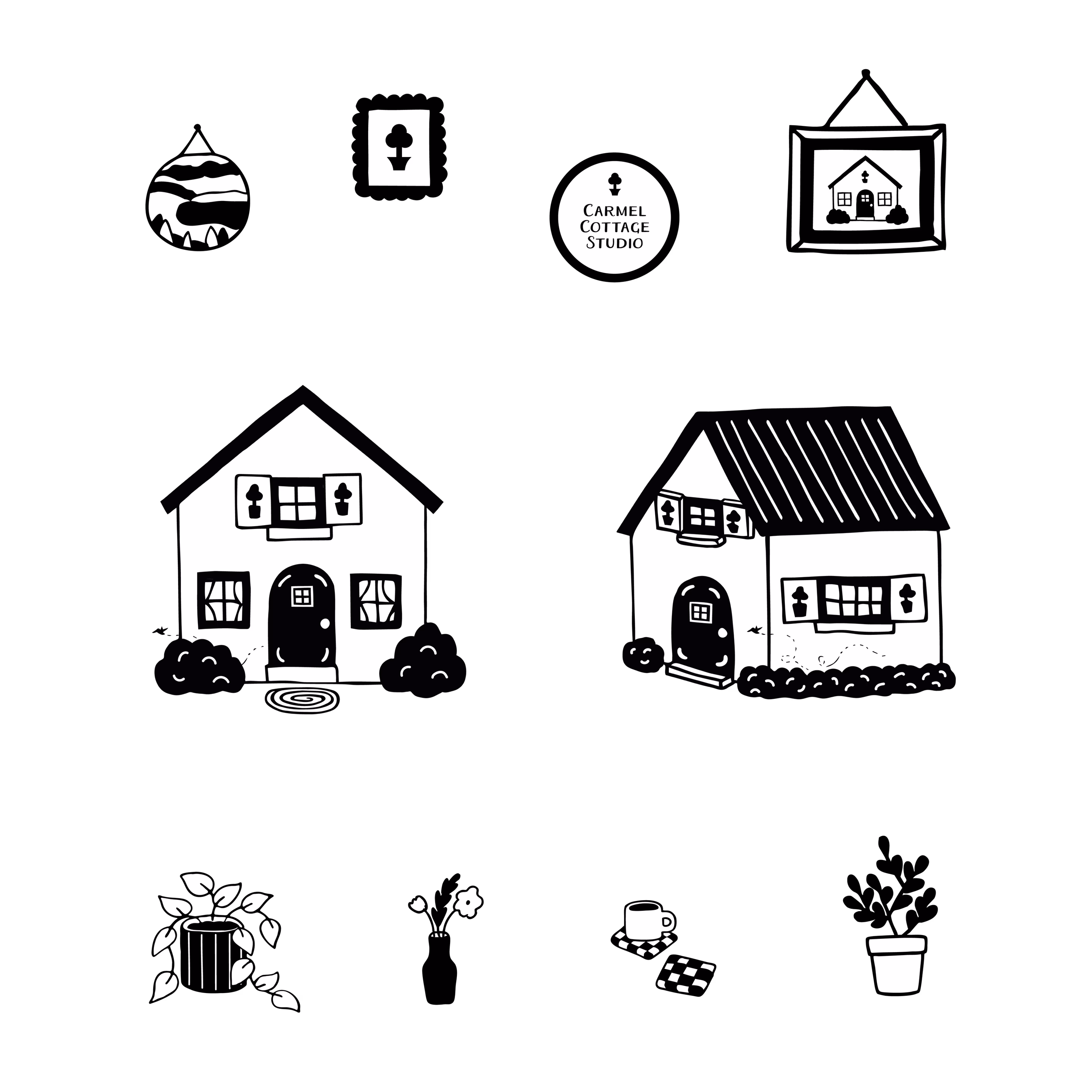 Cottage and object illustrations for Carmel Cottage Studio