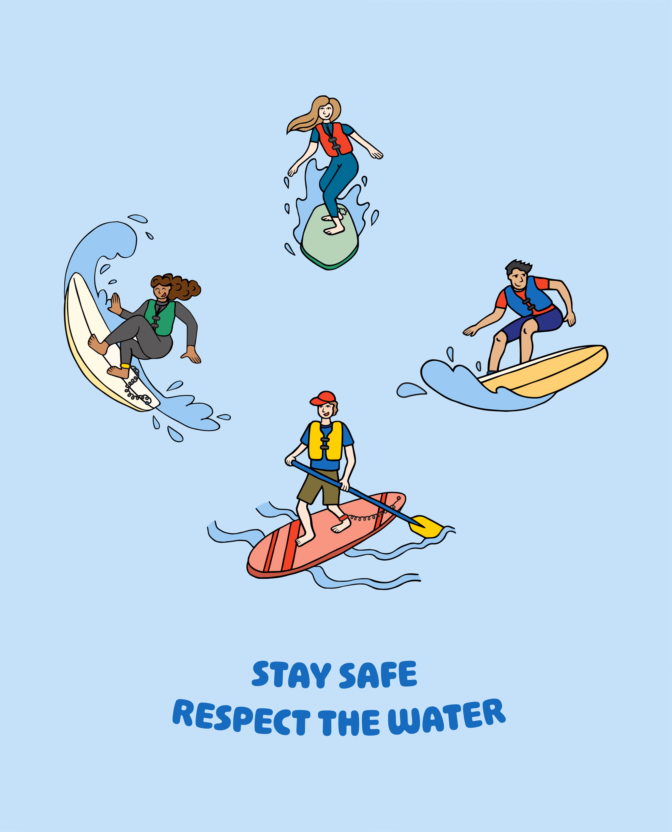 Surfers illustration from the water safety print series